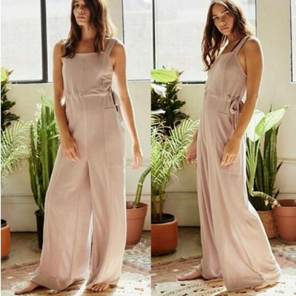 FREE PEOPLE MOVEMENT Taupe Cinch Waist Wide Leg Comfy Sleeveless Jumpsuit XS - Picture 9 of 11